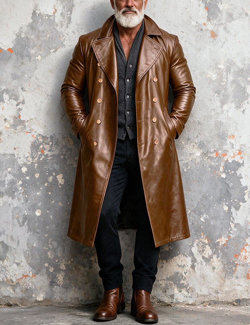 Men's faux leather long trench coat in brown, double-breasted with silver buttons