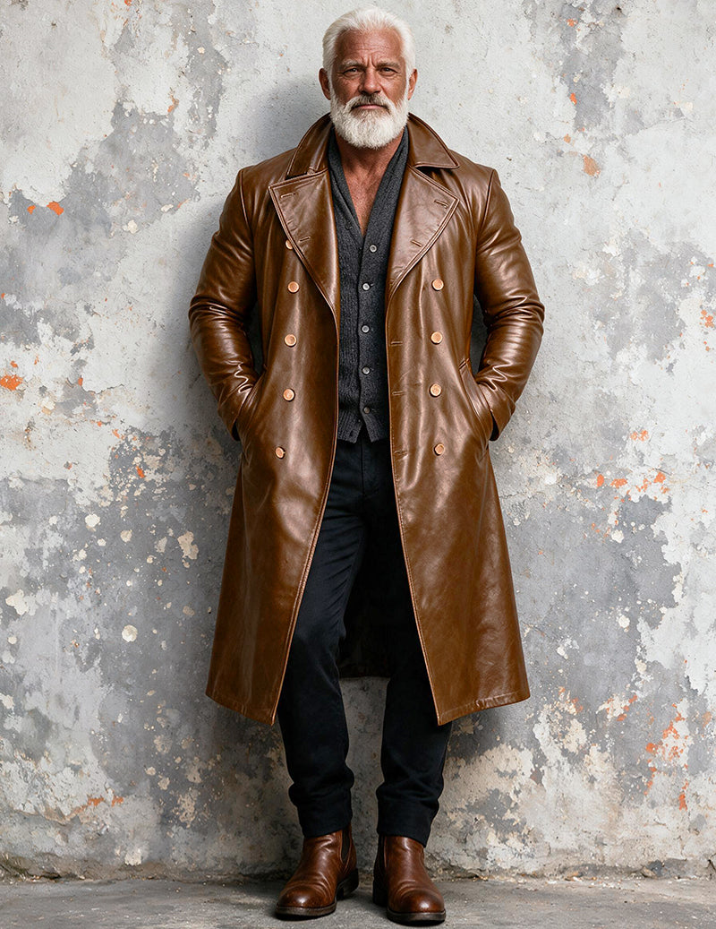 Men Faux Leather Double-Breasted Long Trench Coat Overcoat