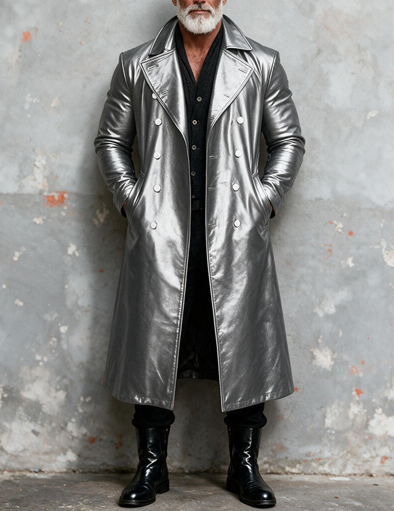 Men's faux leather long trench coat in metallic silver, double-breasted with silver buttons