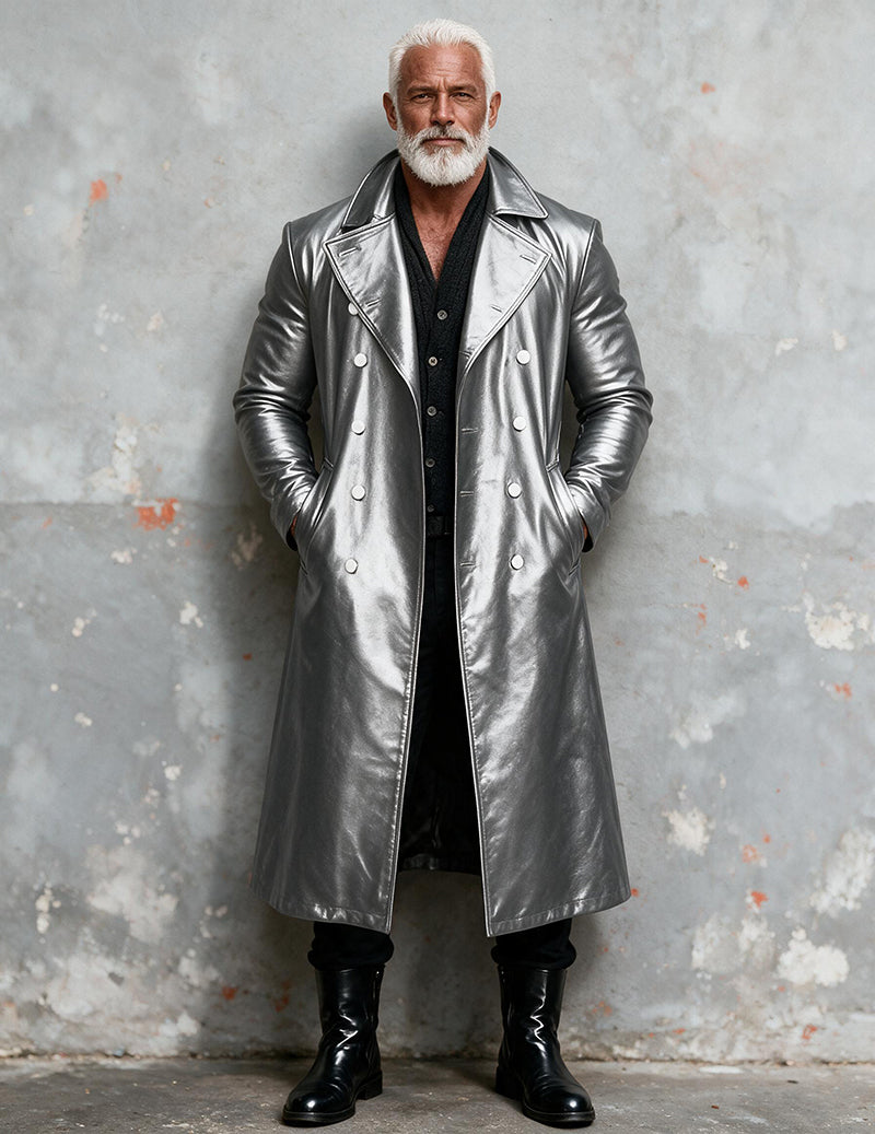 Men Faux Leather Double-Breasted Long Trench Coat Overcoat
