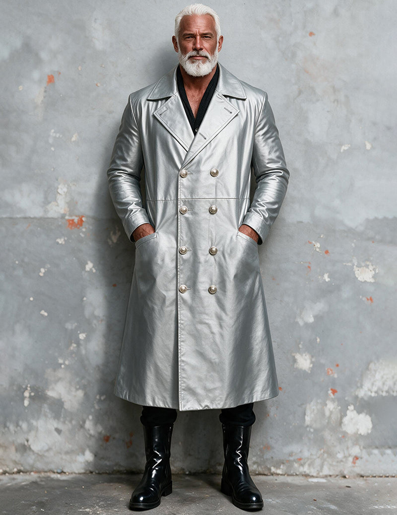 Men Faux Leather Double-Breasted Long Trench Coat Overcoat