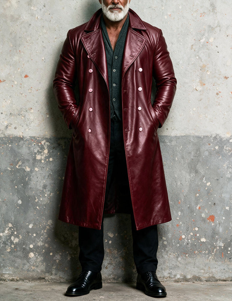 Men's faux leather long trench coat in wine red, double-breasted with silver buttons