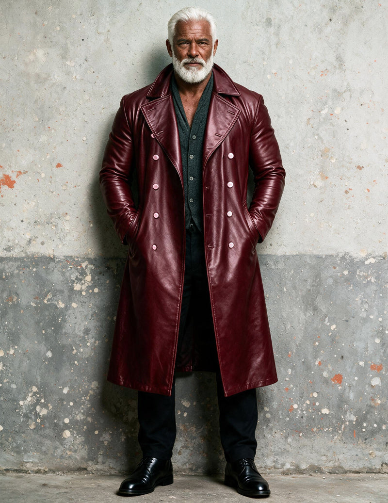 Men Faux Leather Double-Breasted Long Trench Coat Overcoat