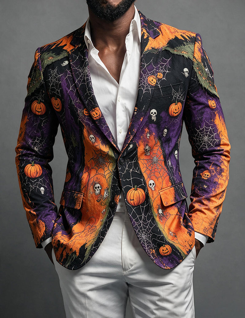 Men’s Halloween print single-breasted blazer with notch lapels and orange pumpkin pattern