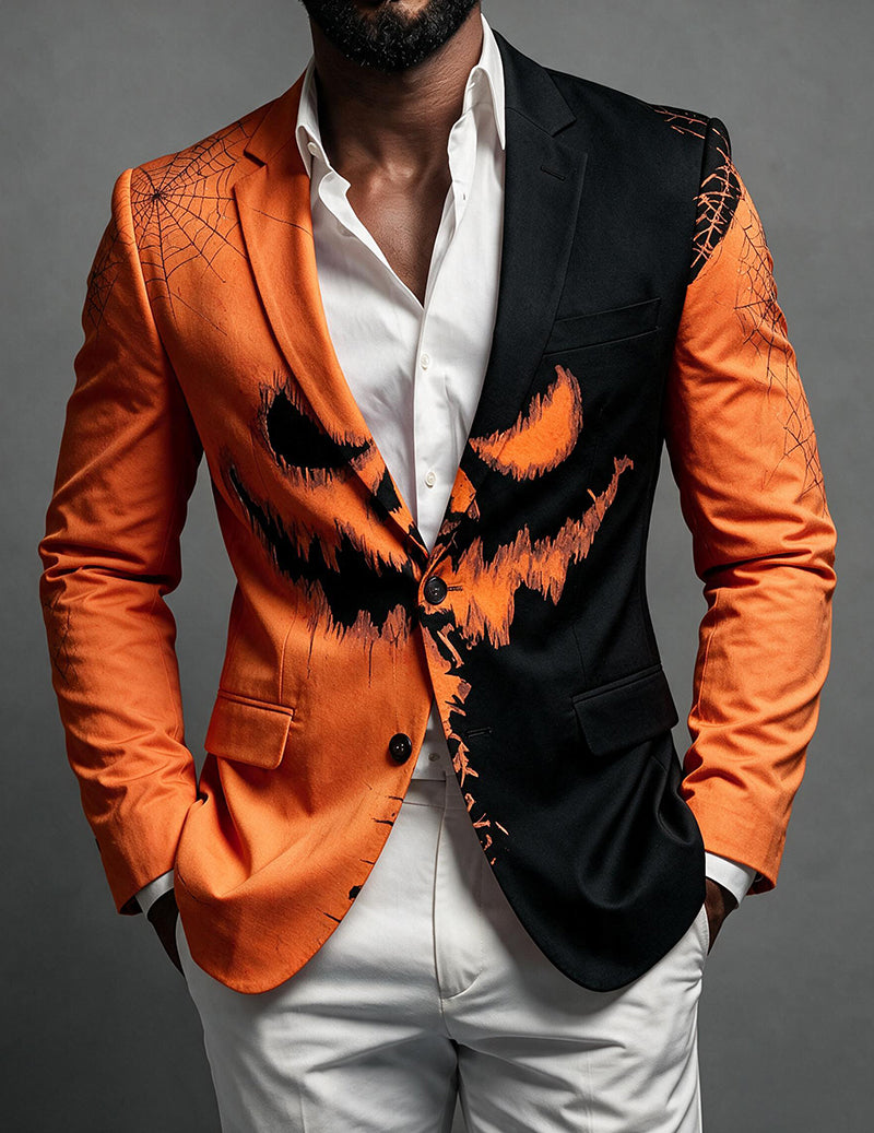 Orange-and-black Halloween blazer, single-breasted with jack-o-lantern embroidery and flap pockets