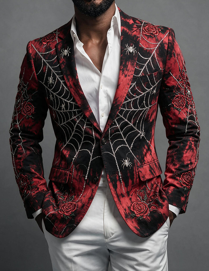Men’s gothic velvet blazer with spider web beadwork, red/black, notch lapels