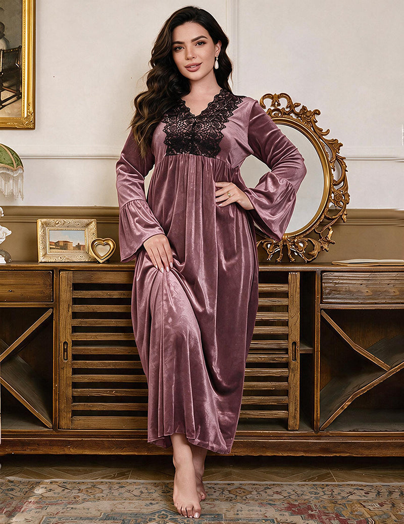 Velvet V-Neck Lace Trim Long Sleeve Midi Nightgown Robe