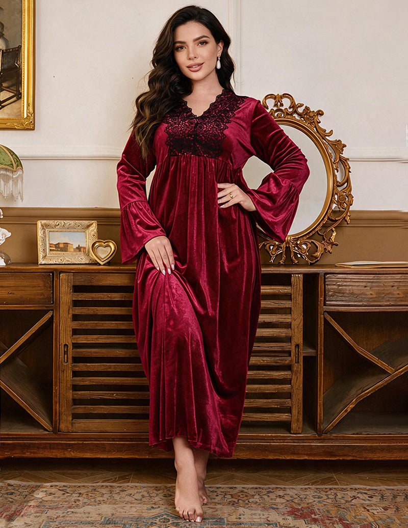Velvet V-Neck Lace Trim Long Sleeve Midi Nightgown Robe