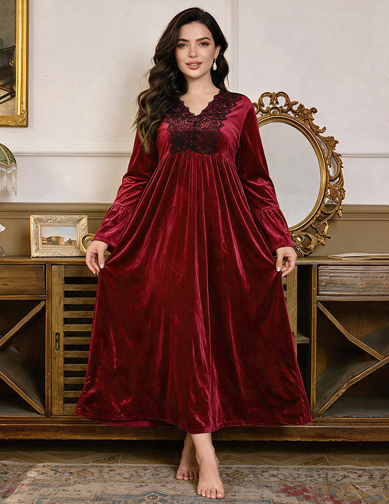 Wine red velvet V-neck midi nightgown with lace trim, full front view