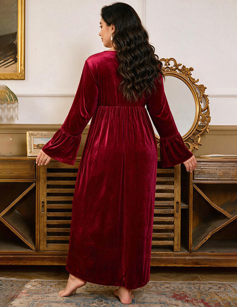 Wine red velvet V-neck midi nightgown with lace trim, back view
