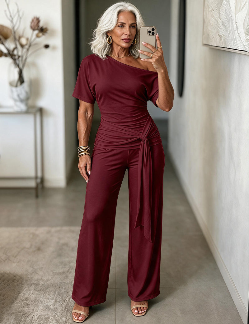 Off Shoulder Short Sleeve Side Tie Ruched Top and Wide Leg Pants Two-Piece Set