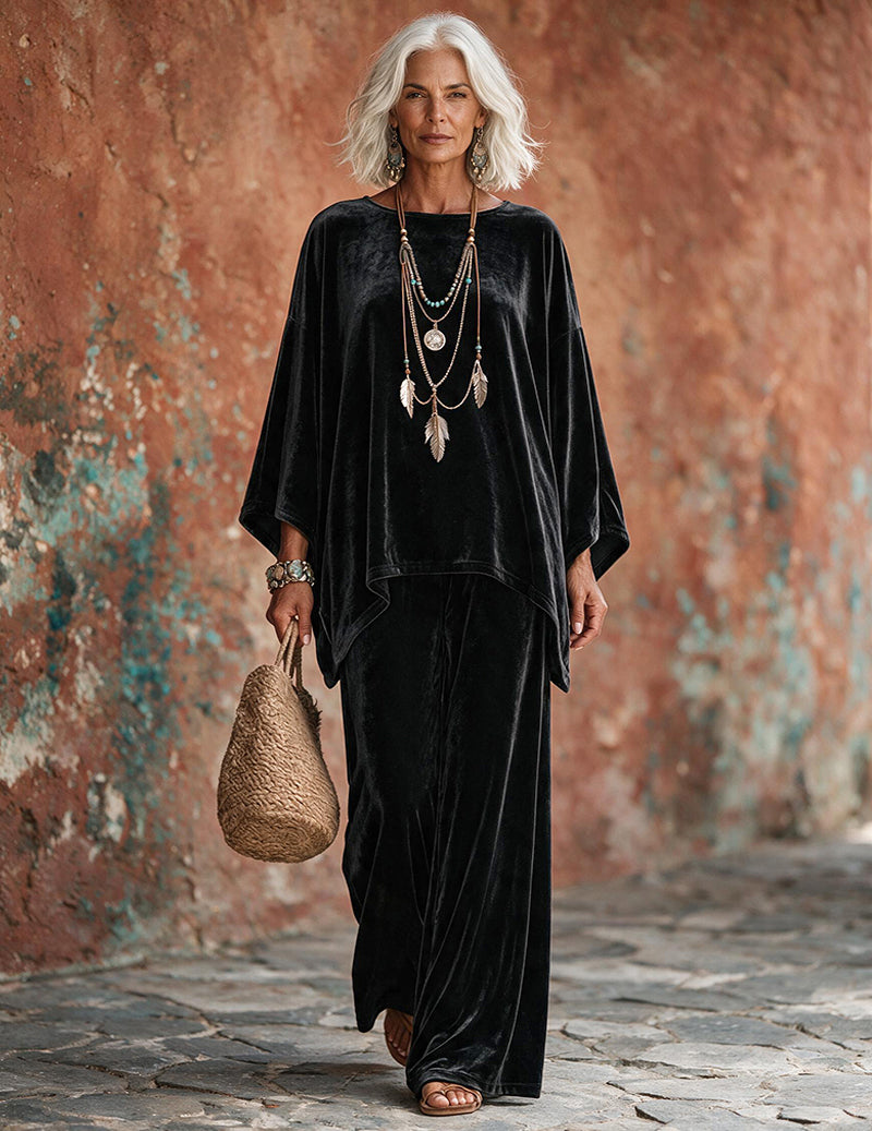 Velvet Draped Poncho Top and Wide Leg Pants Two-Piece Loungewear Set