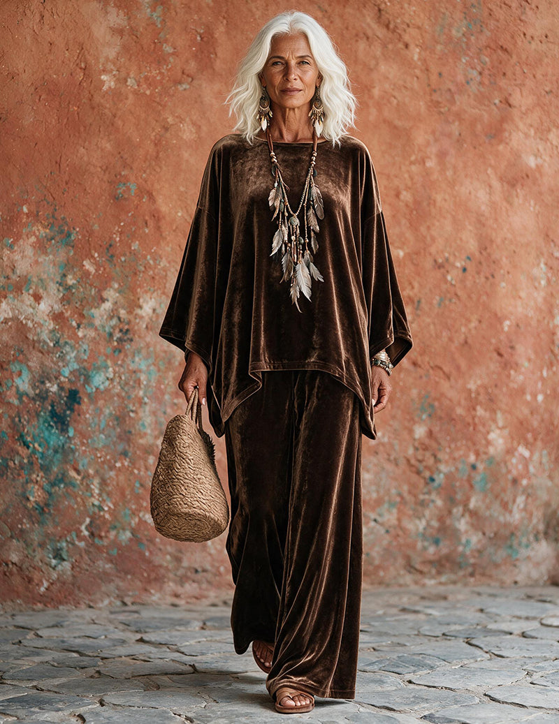 Velvet Draped Poncho Top and Wide Leg Pants Two-Piece Loungewear Set