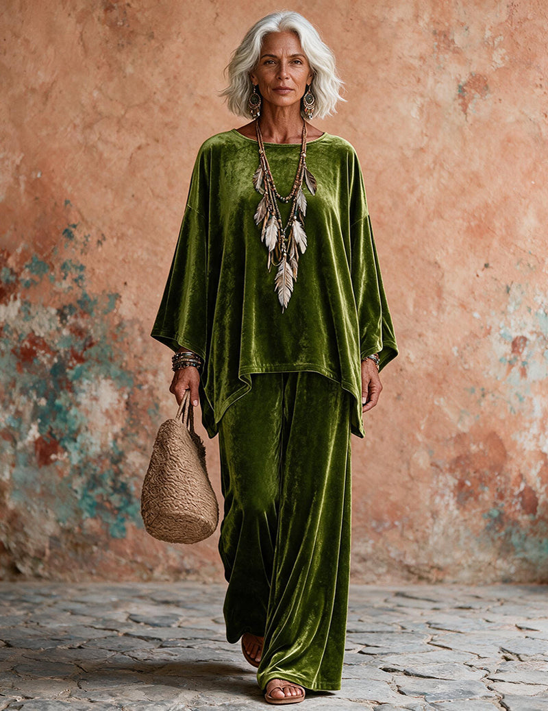 Velvet Draped Poncho Top and Wide Leg Pants Two-Piece Loungewear Set
