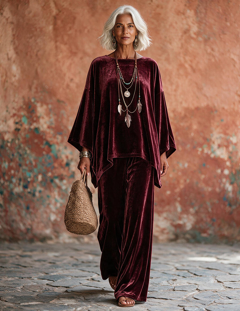 Velvet Draped Poncho Top and Wide Leg Pants Two-Piece Loungewear Set