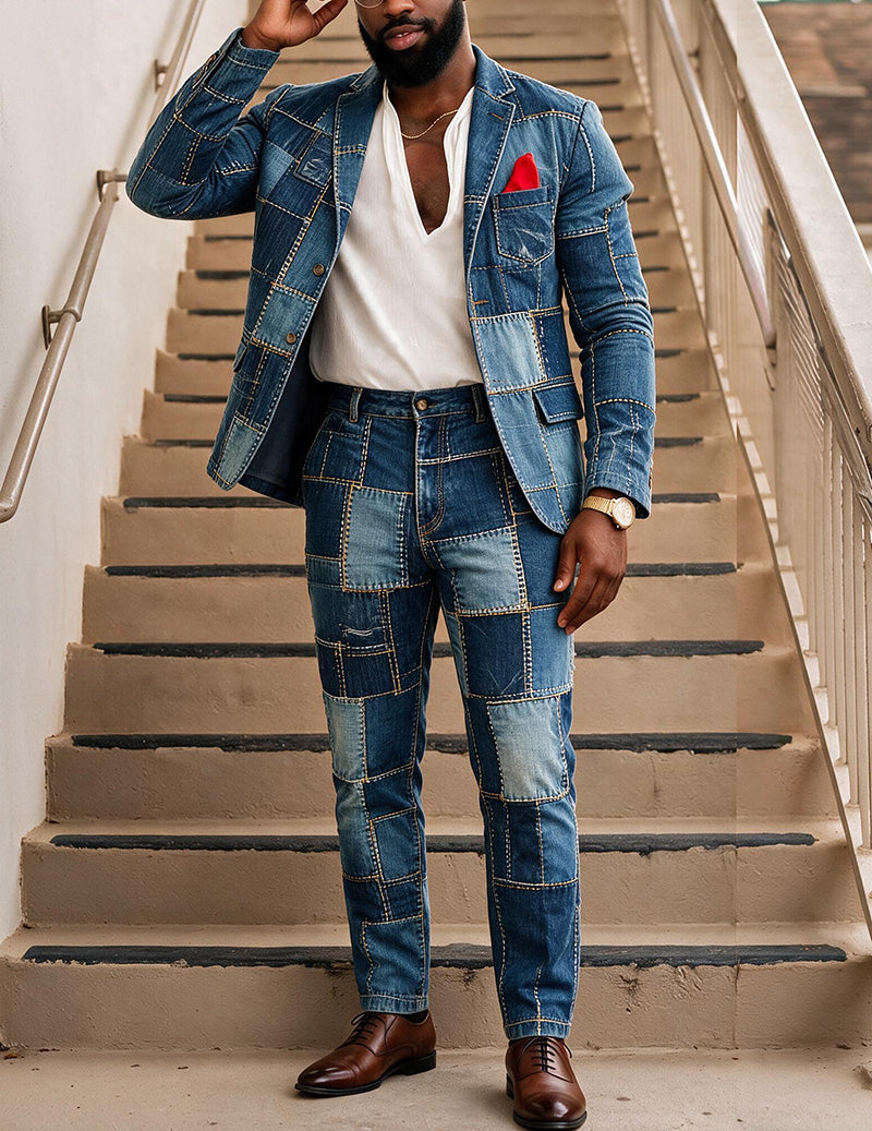 Men's denim patchwork two-piece suit set with red pocket square: blazer and pants