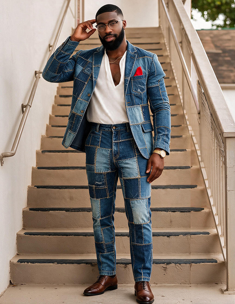 Men's denim patchwork blazer and pants suit set with red pocket square, glasses