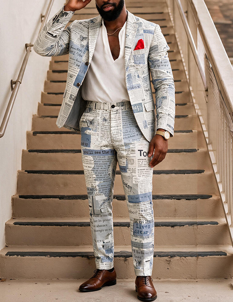 Men's newspaper print blazer and pants two-piece suit set, single-breasted notch lapel