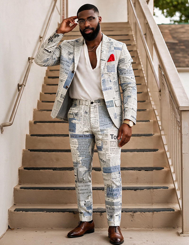 Men's newspaper print suit set with single-breasted notch lapel and red pocket square