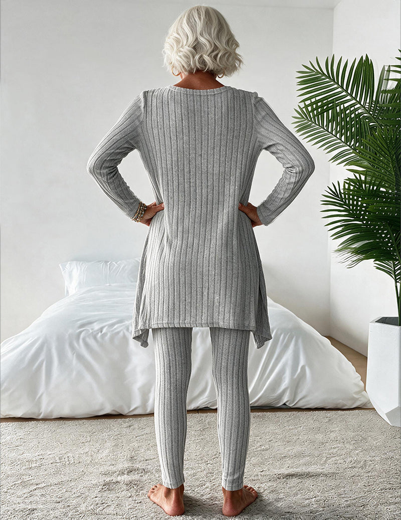 Ribbed Knit Open Front Cardigan Tank Top and Drawstring Pants Three-Piece Loungewear Set