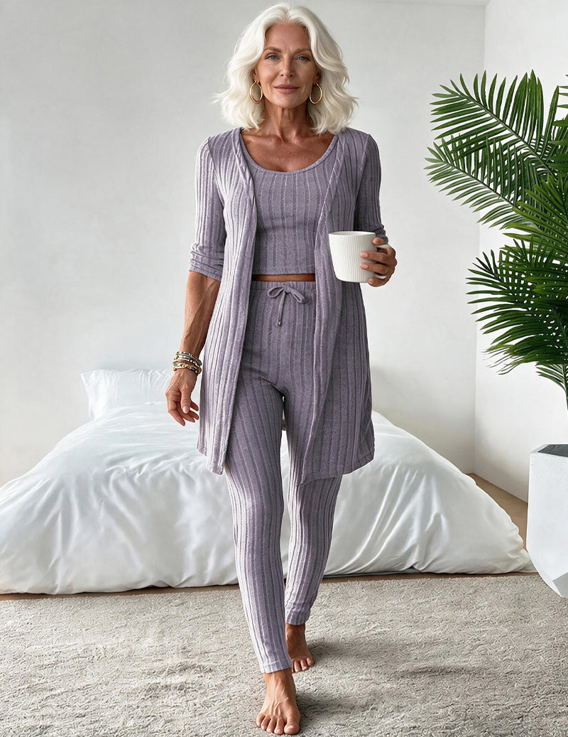 Ribbed Knit Open Front Cardigan Tank Top and Drawstring Pants Three-Piece Loungewear Set