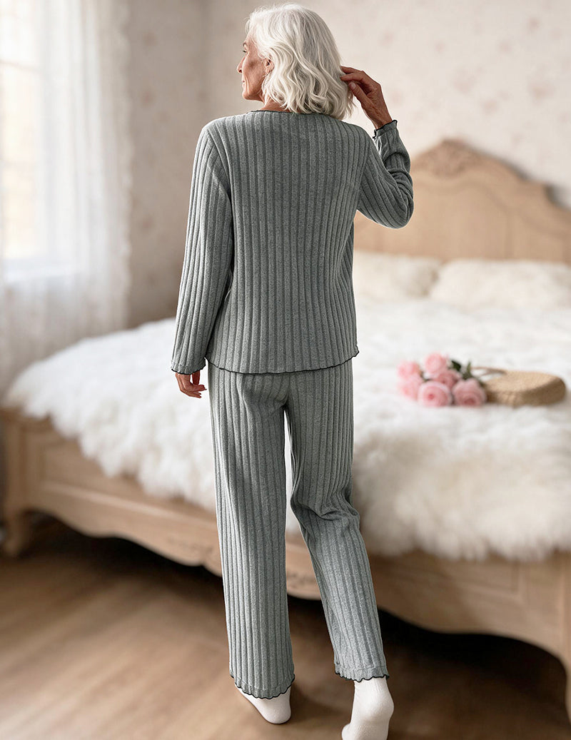 Ribbed Knit V-Neck Button Front Long Sleeve Top and Pants Two-Piece Loungewear Set