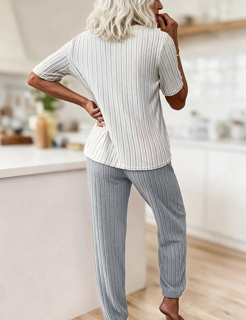 Heart Print Ribbed Knit Round Neck Short Sleeve Top and Capri Pants Two-Piece Loungewear Set