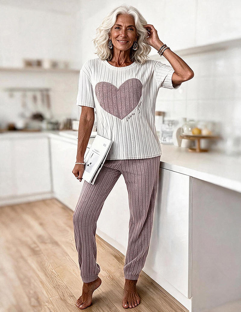 Heart Print Ribbed Knit Round Neck Short Sleeve Top and Capri Pants Two-Piece Loungewear Set