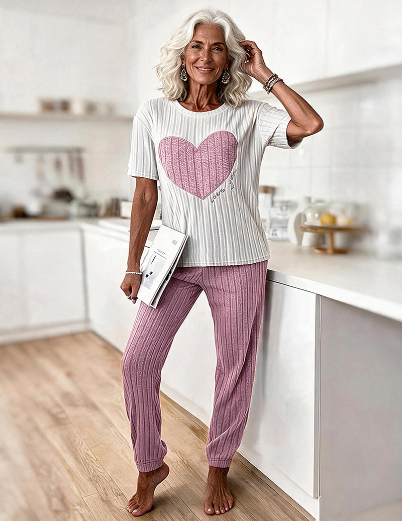Heart Print Ribbed Knit Round Neck Short Sleeve Top and Capri Pants Two-Piece Loungewear Set