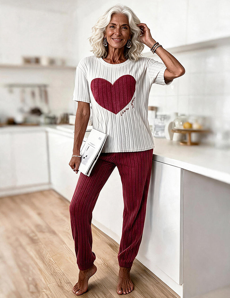 Heart Print Ribbed Knit Round Neck Short Sleeve Top and Capri Pants Two-Piece Loungewear Set