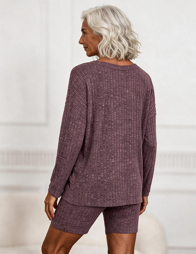 Waffle Knit Round Neck Button Front Long Sleeve Top and Shorts Two-Piece Loungewear Set