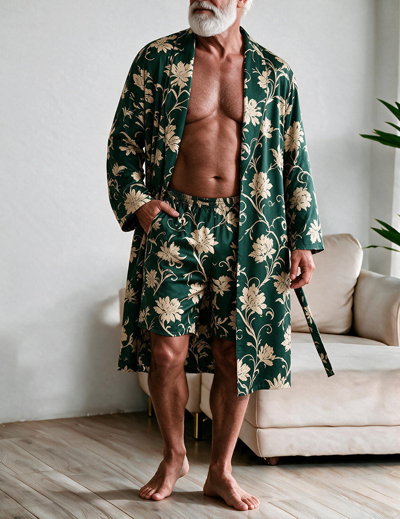 Men's printed robe and shorts set, dark green botanical pattern, open front with waist tie