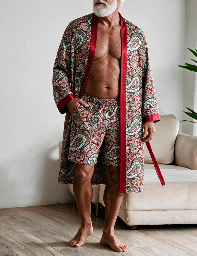 Men's printed robe and shorts set, burgundy paisley pattern, open front with waist tie