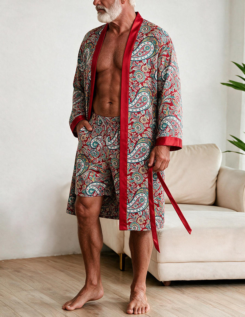 Men's printed robe and shorts set, burgundy paisley pattern, open front robe and matching shorts