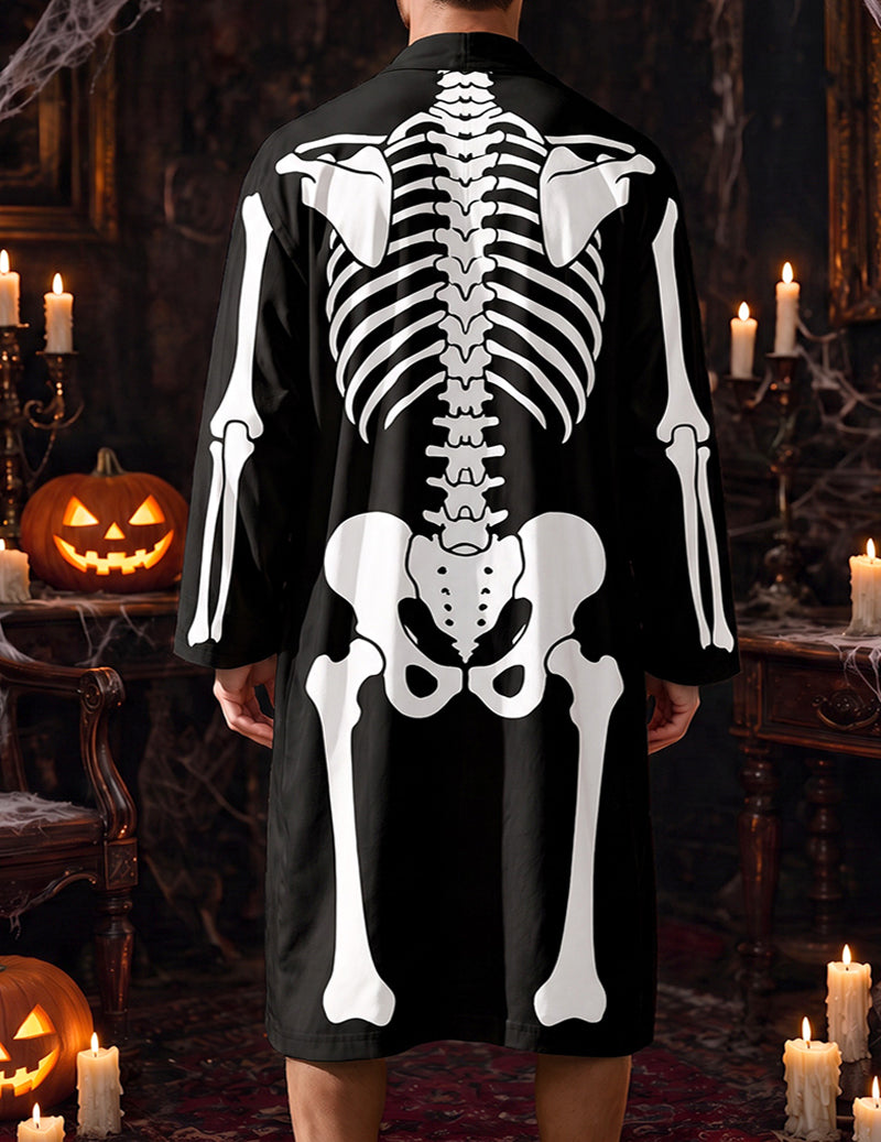 Men's skeleton print robe and shorts set, open front long sleeves, back view