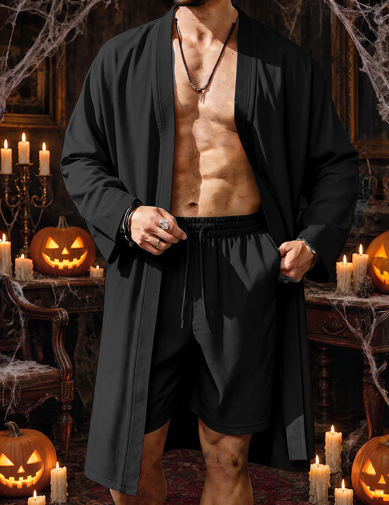 Men's black robe and shorts set, open front long sleeves, front view