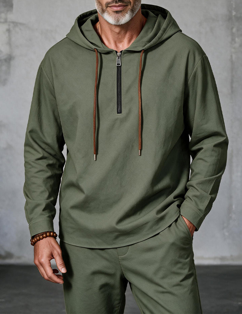 Men Linen Hooded Zip Up Long Sleeve Top - Army Green