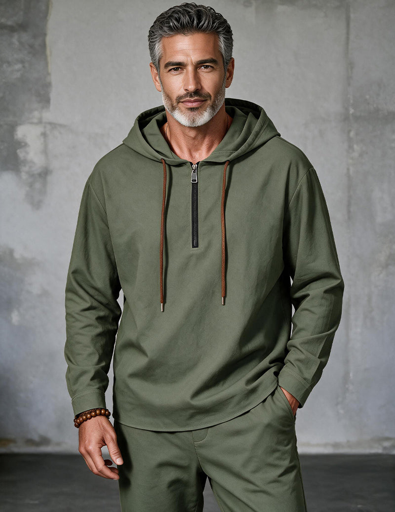 Men Linen Hooded Zip Up Long Sleeve Top - Army Green
