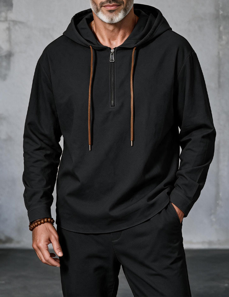 Men Linen Hooded Zip Up Long Sleeve Top - Black