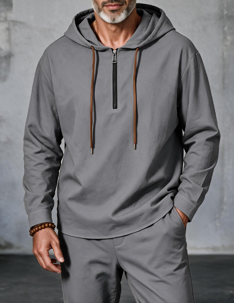 Men Linen Hooded Zip Up Long Sleeve Top - Grey
