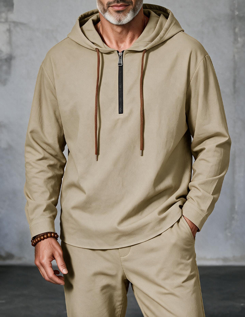 Men Linen Hooded Zip Up Long Sleeve Top - Khaki