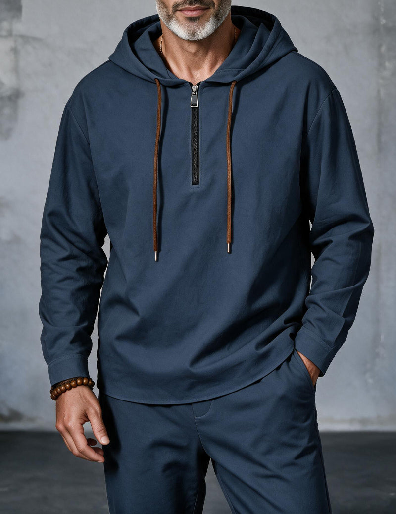 Men Linen Hooded Zip Up Long Sleeve Top - Navy