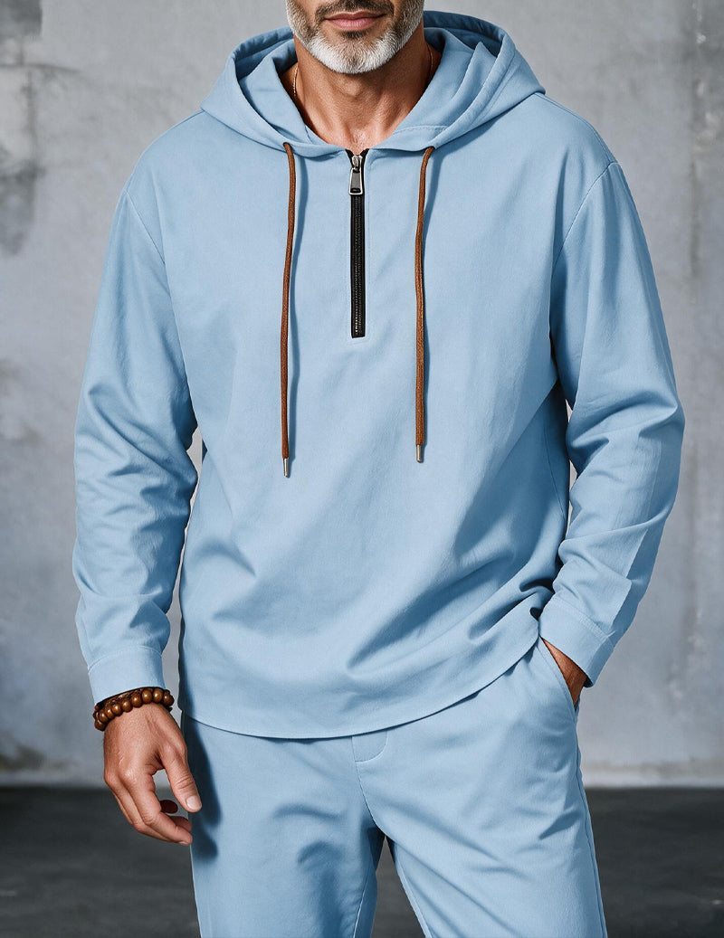 Men Linen Hooded Zip Up Long Sleeve Top - Sky Blue