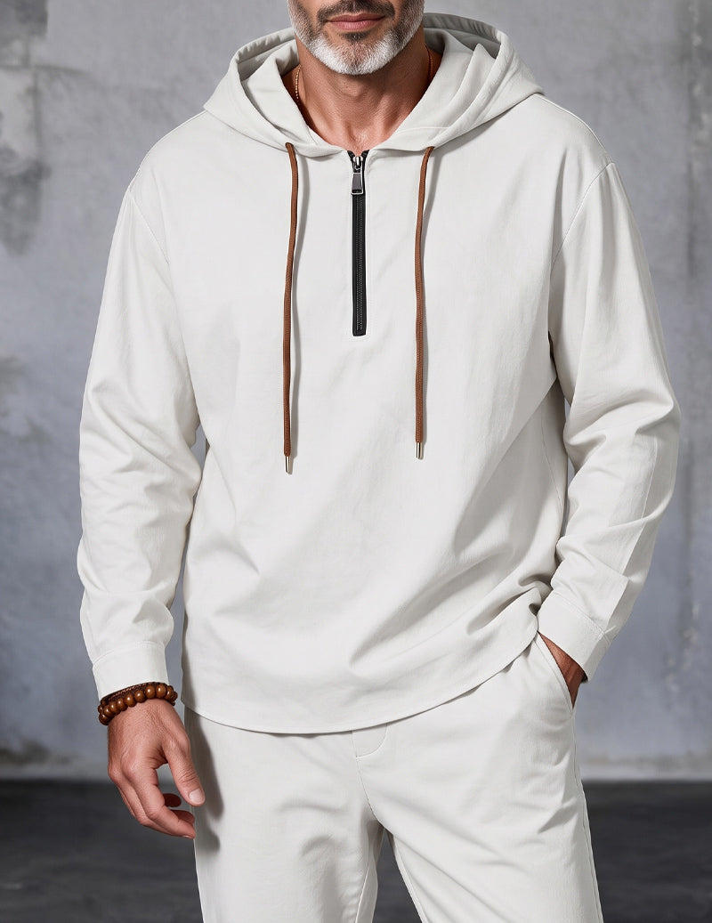 Men Linen Hooded Zip Up Long Sleeve Top - White