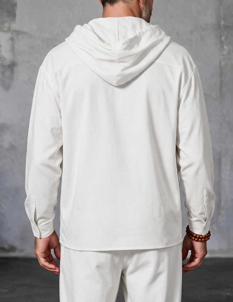 Men Linen Hooded Zip Up Long Sleeve Top - White