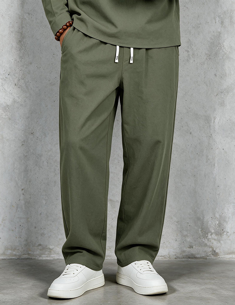 Men Linen Drawstring Wide Leg Pants - Army Green