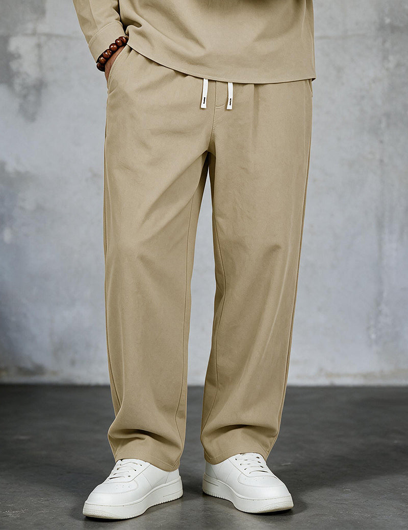 Men Linen Drawstring Wide Leg Pants - Khaki