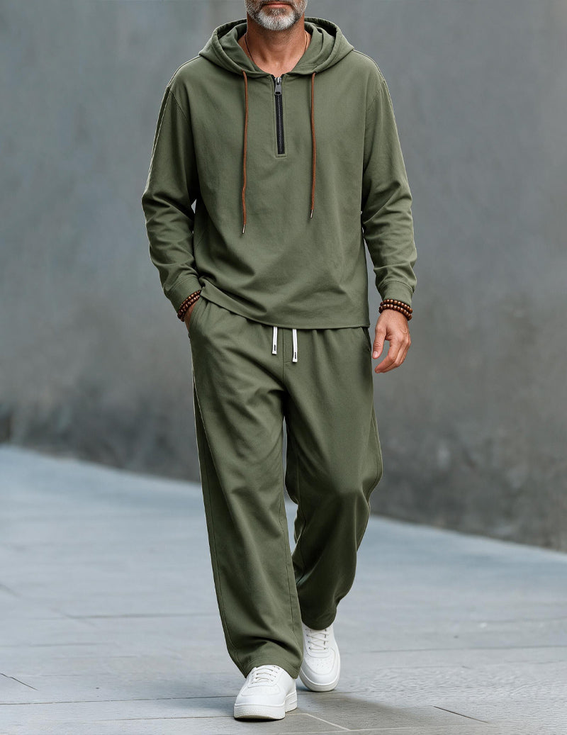 Men Linen Hooded Top & Wide Leg Pants Set - Army Green