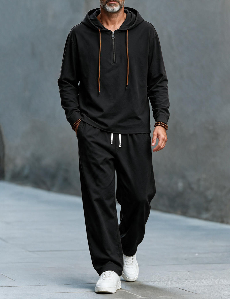 Men Linen Hooded Top & Wide Leg Pants Set - Black