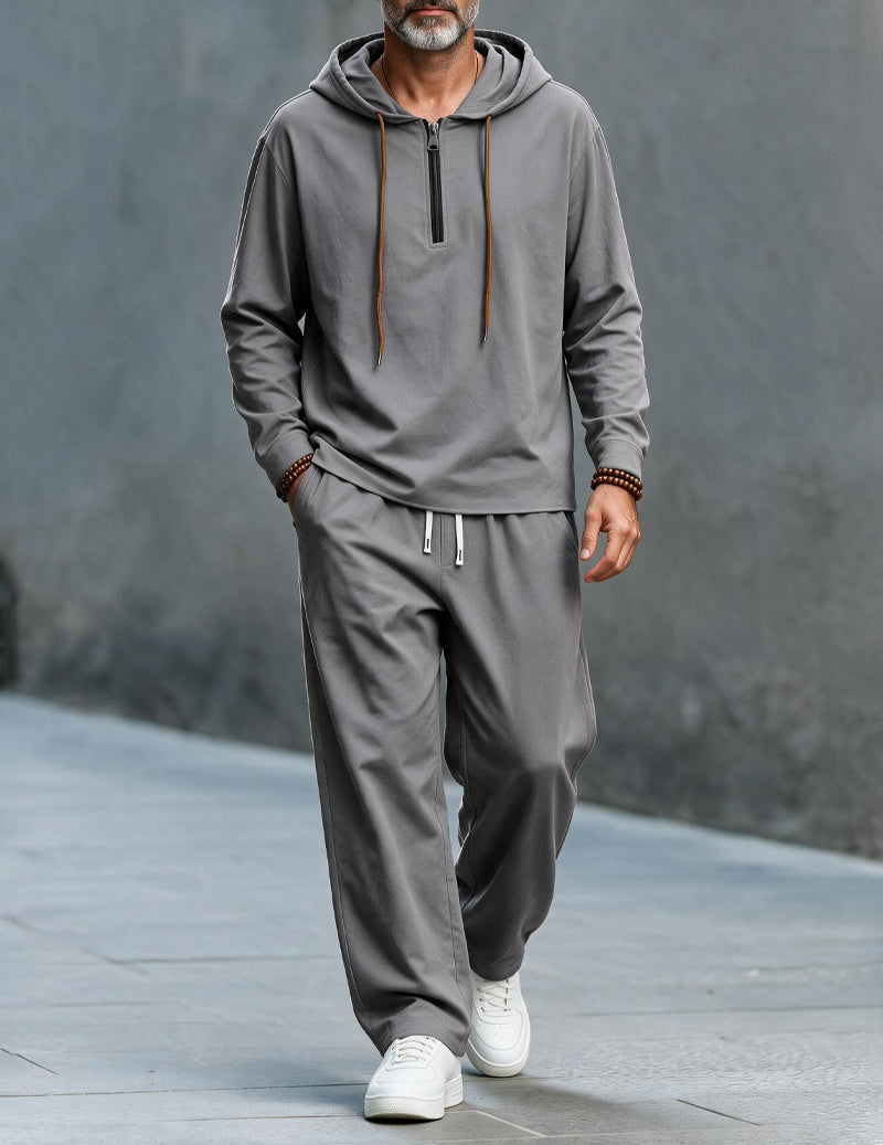 Men Linen Hooded Top & Wide Leg Pants Set - Grey